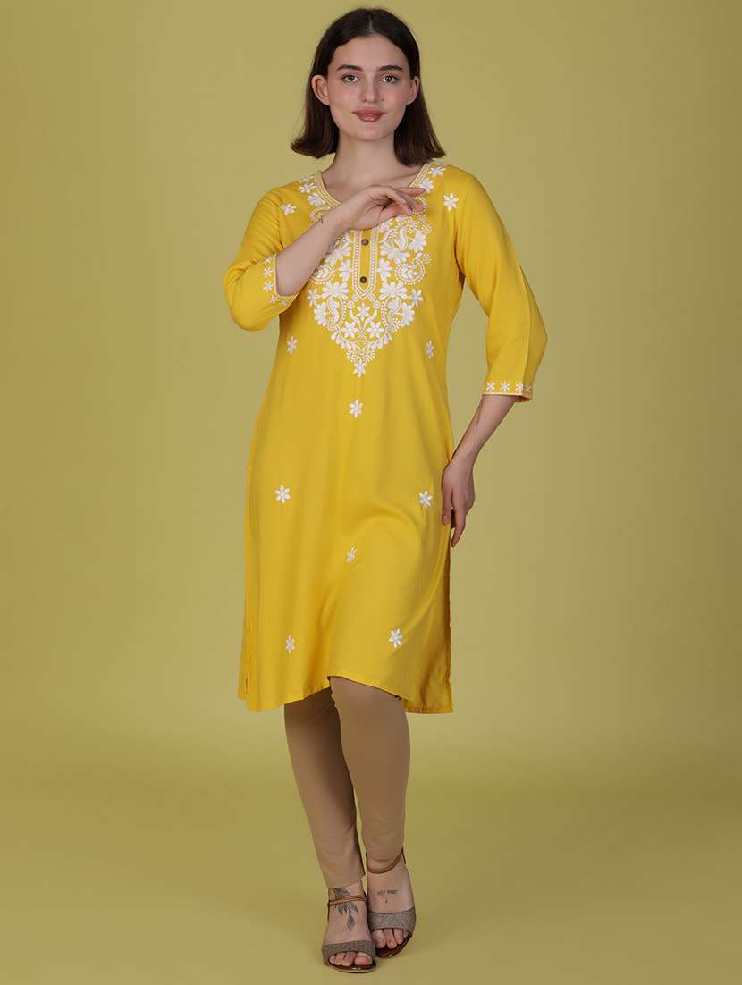 women solid with work three quarter sleeve straight kurta - 21951505 -  Standard Image - 1