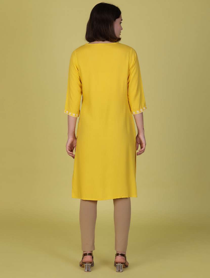 women solid with work three quarter sleeve straight kurta - 21951505 -  Standard Image - 4