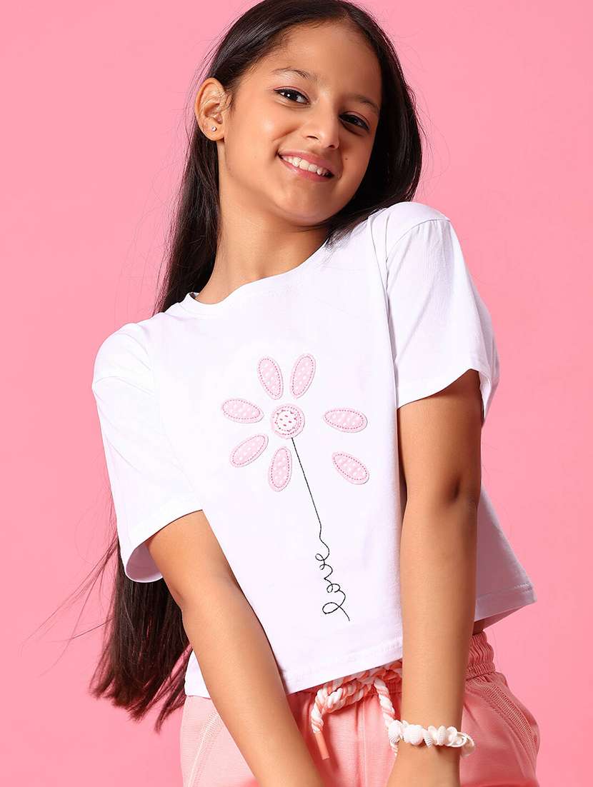 girls front print round neck t-shirt