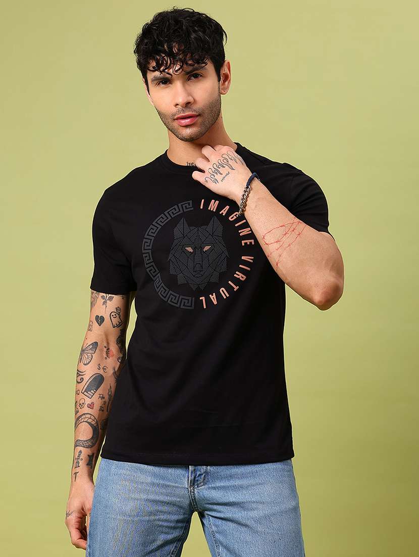 men front & back print round neck slim fit t-shirt - 21951650 -  Standard Image - 1