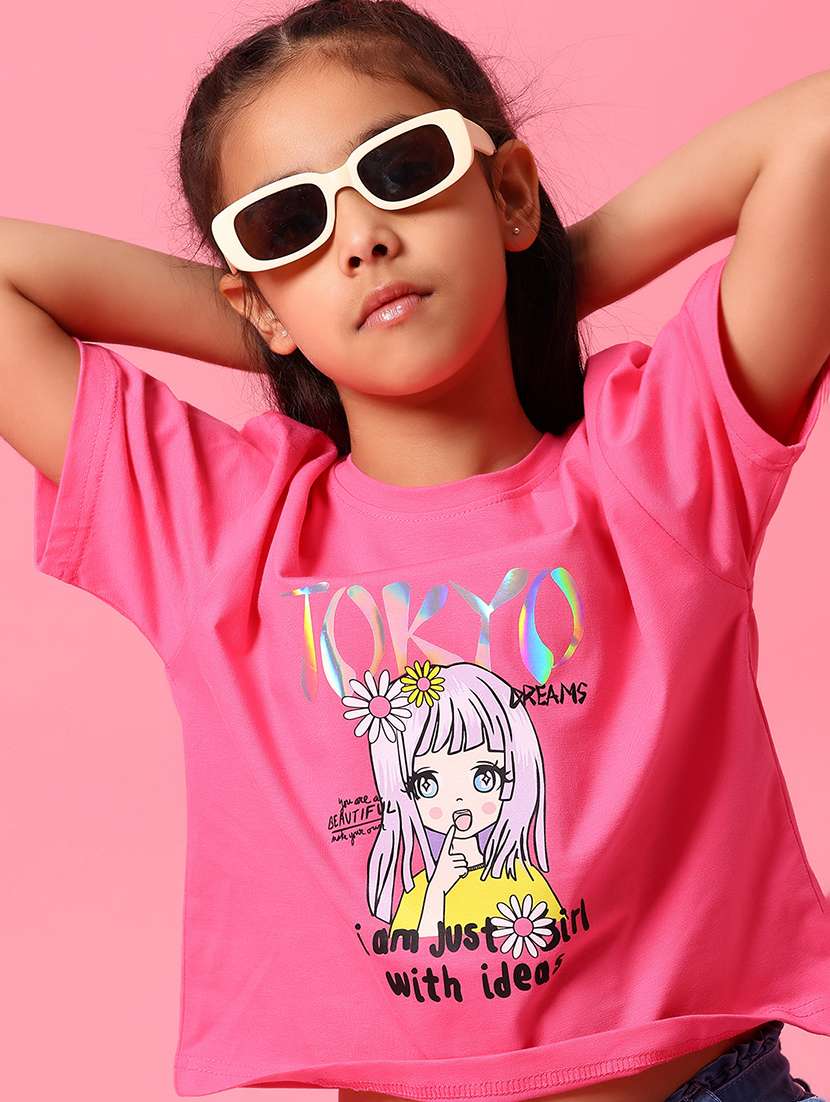girls front print round neck t-shirt