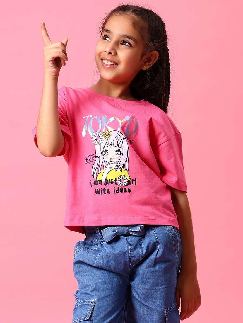girls front print round neck t-shirt - 21951765 -  Standard Image - 1