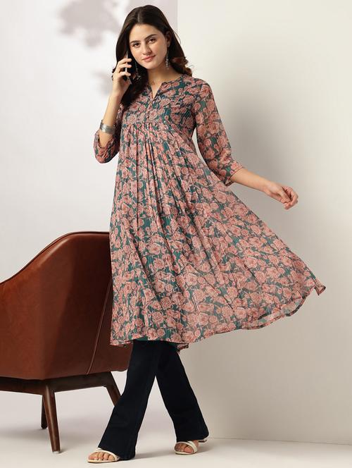 women floral three quarter sleeve flared kurta - 21951795 - Standard Image - 0