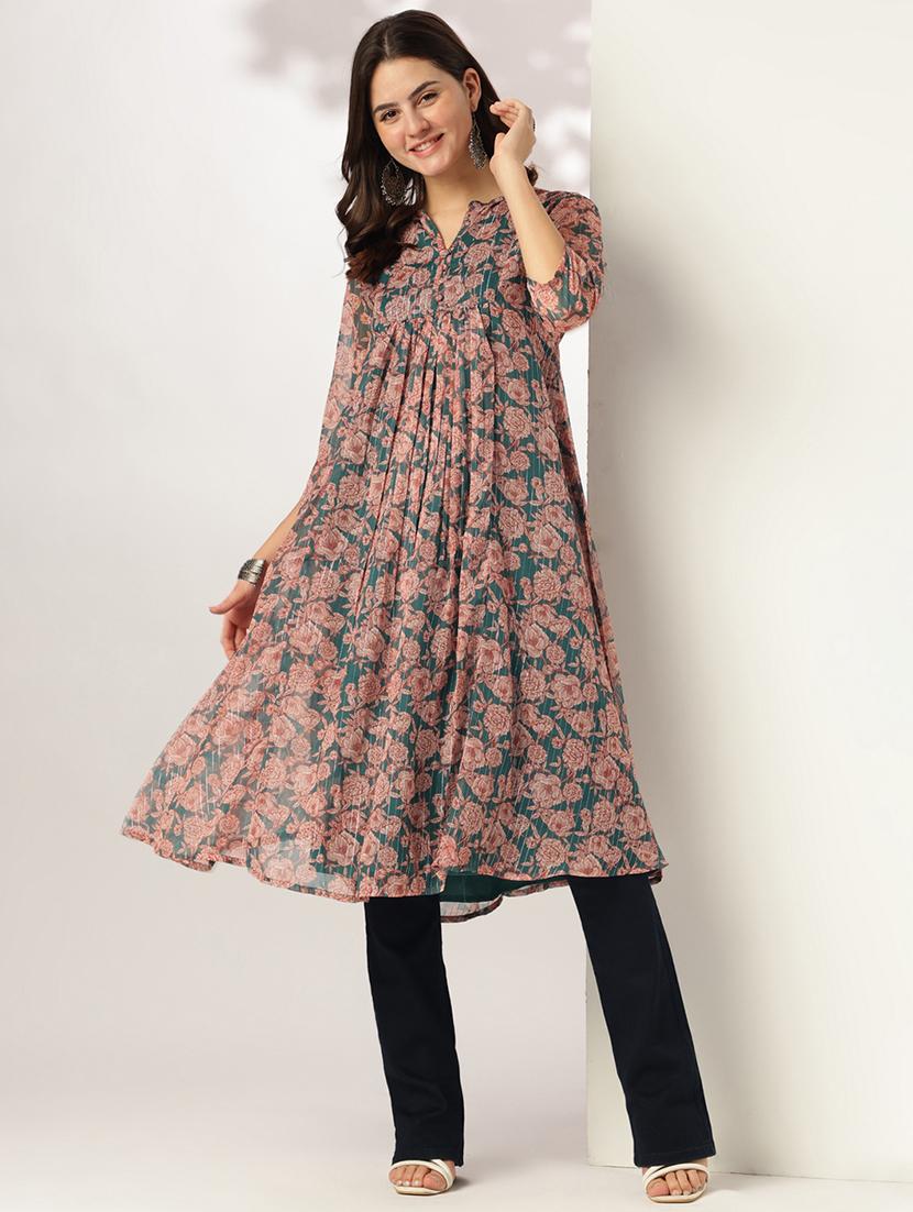 women floral three quarter sleeve flared kurta - 21951795 -  Standard Image - 1