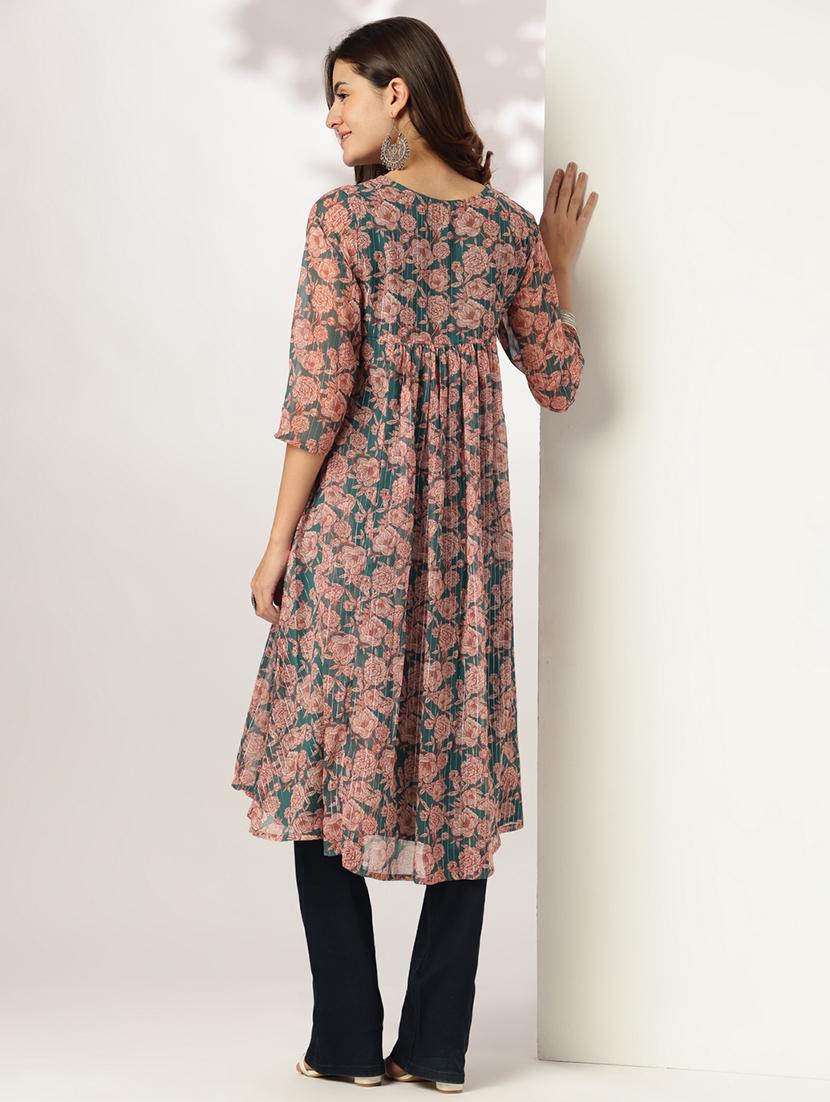 women floral three quarter sleeve flared kurta - 21951795 - Standard Image - 4