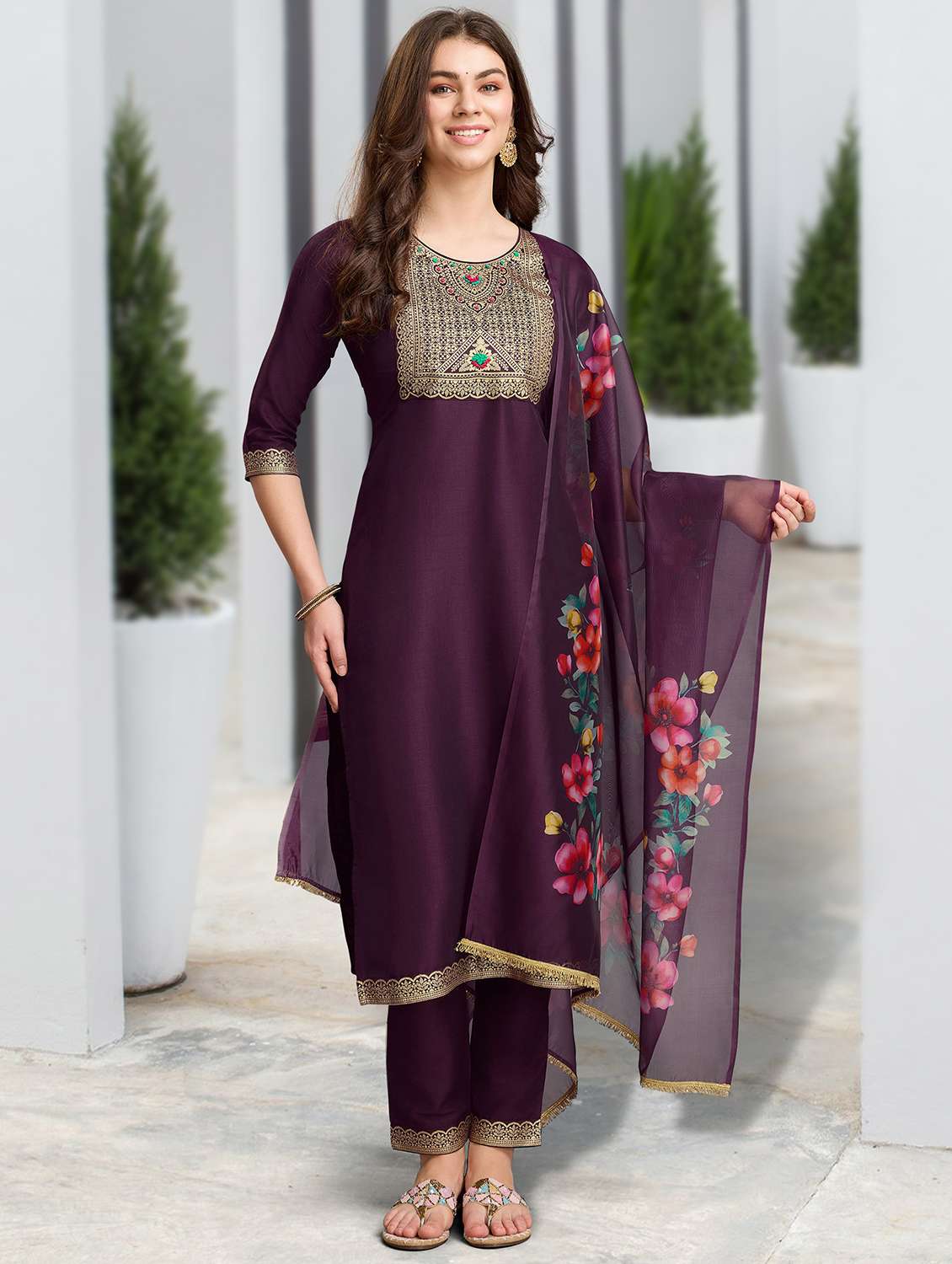 women three quarter sleeve kurta pant with dupatta set - 21951796 -  Standard Image - 1