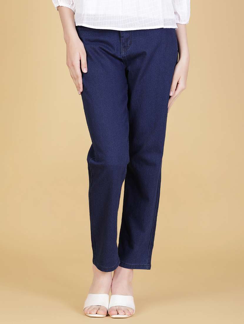 women solid high rise straight fit jean