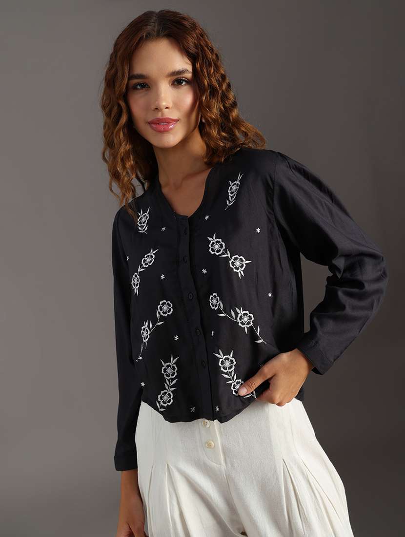 women black embroidered long sleeve regular shirt