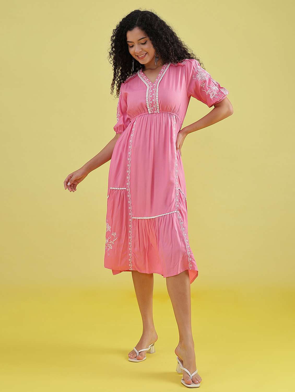 women embroidered puff sleeve tiered dress - 21952062 -  Standard Image - 1