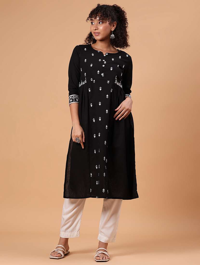 women embroidered three quarter sleeve a-line kurta