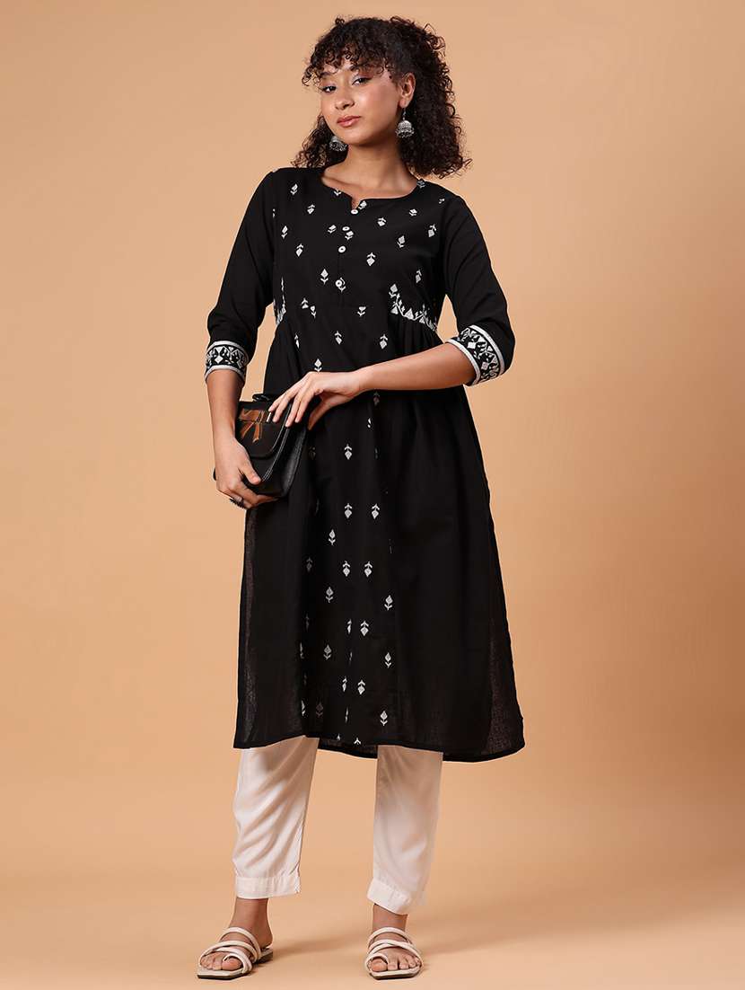 women embroidered three quarter sleeve a-line kurta - 21952066 -  Standard Image - 1