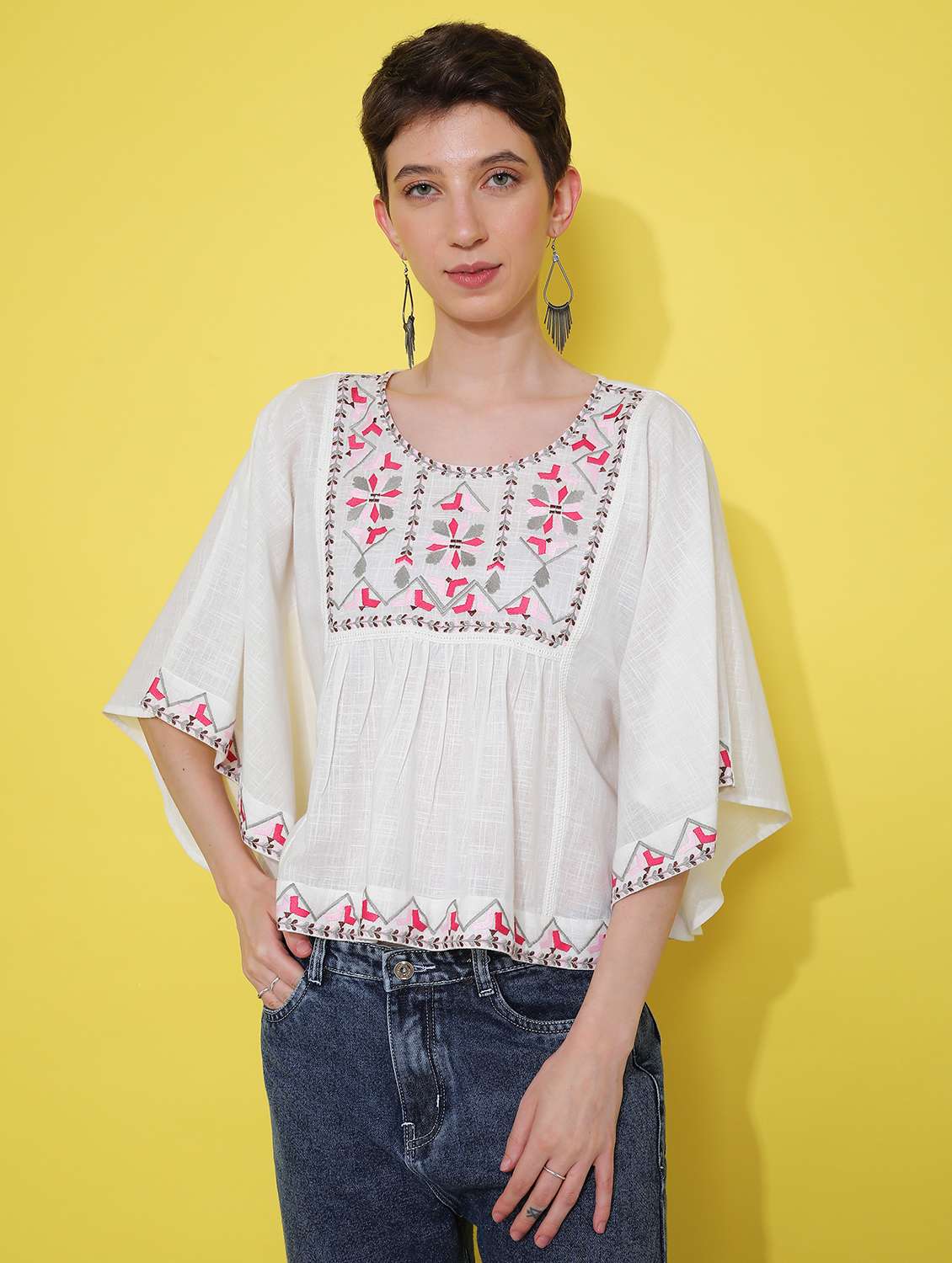 women white embroidered flared sleeve top - 21952072 -  Standard Image - 1