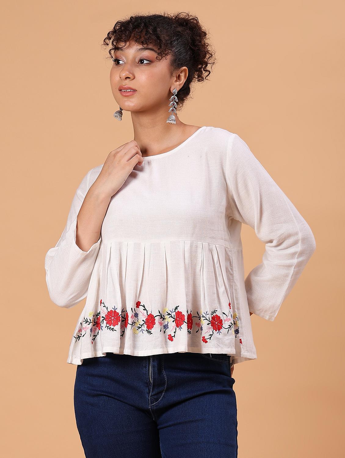 women white embroidered flared top - 21952073 - Standard Image - 1