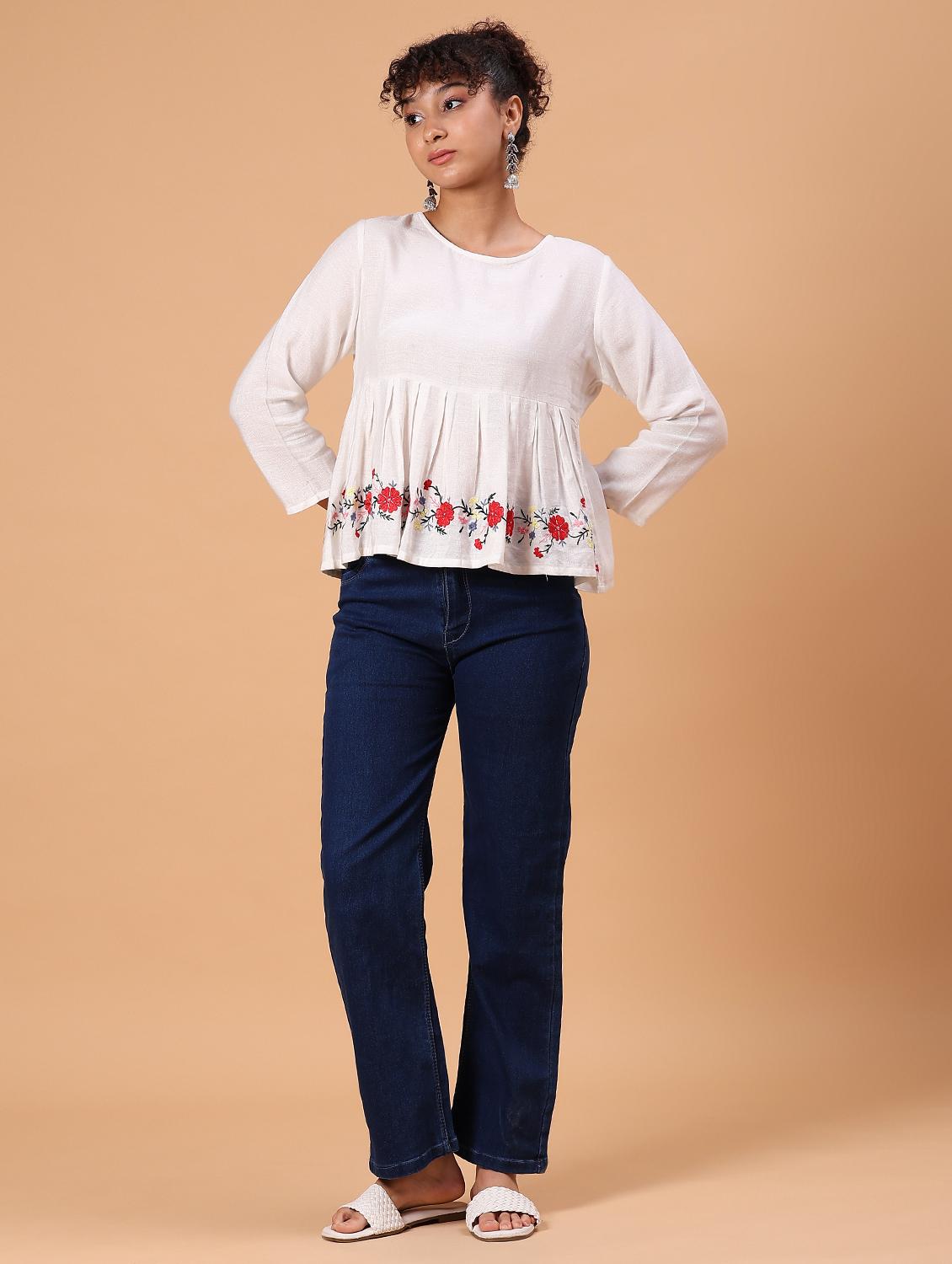 women white embroidered flared top - 21952073 - Standard Image - 6