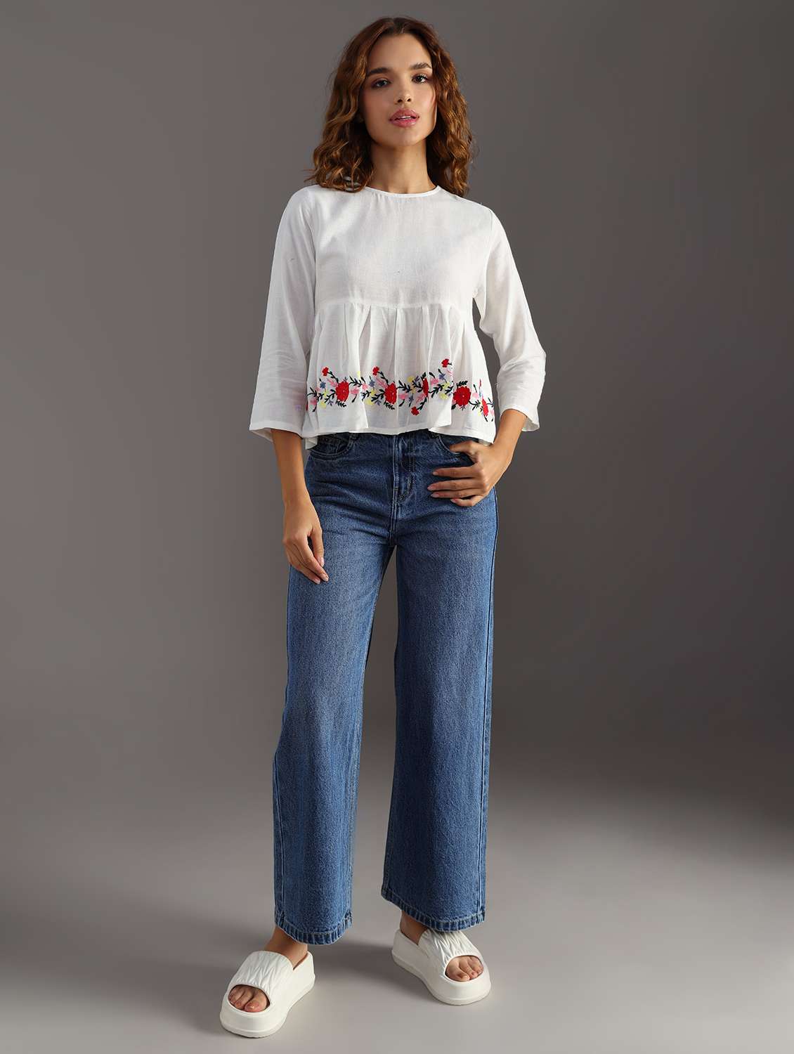 women white embroidered flared top - 21952073 - Standard Image - 6