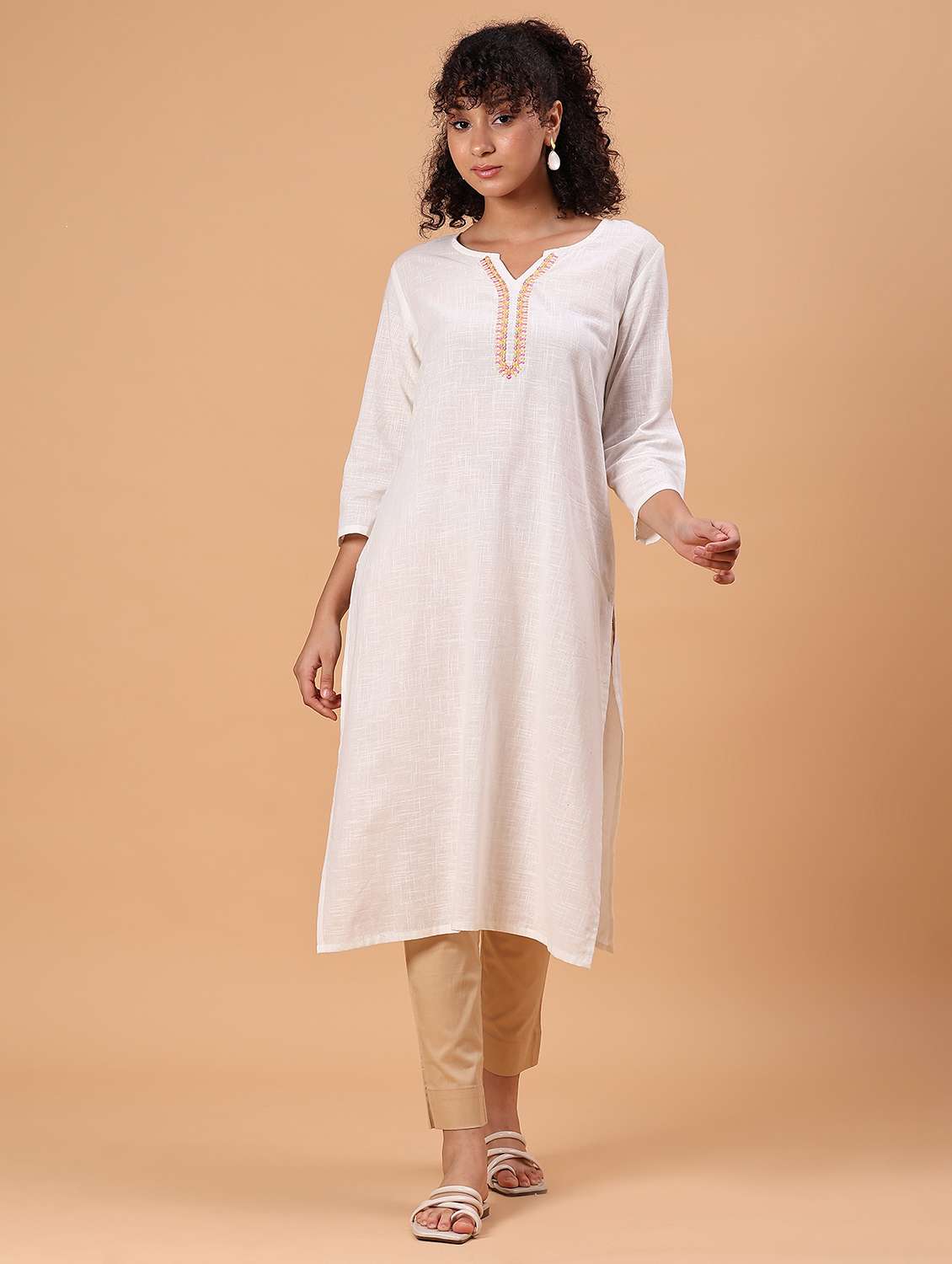 women white embroidered notch neck straight kurta