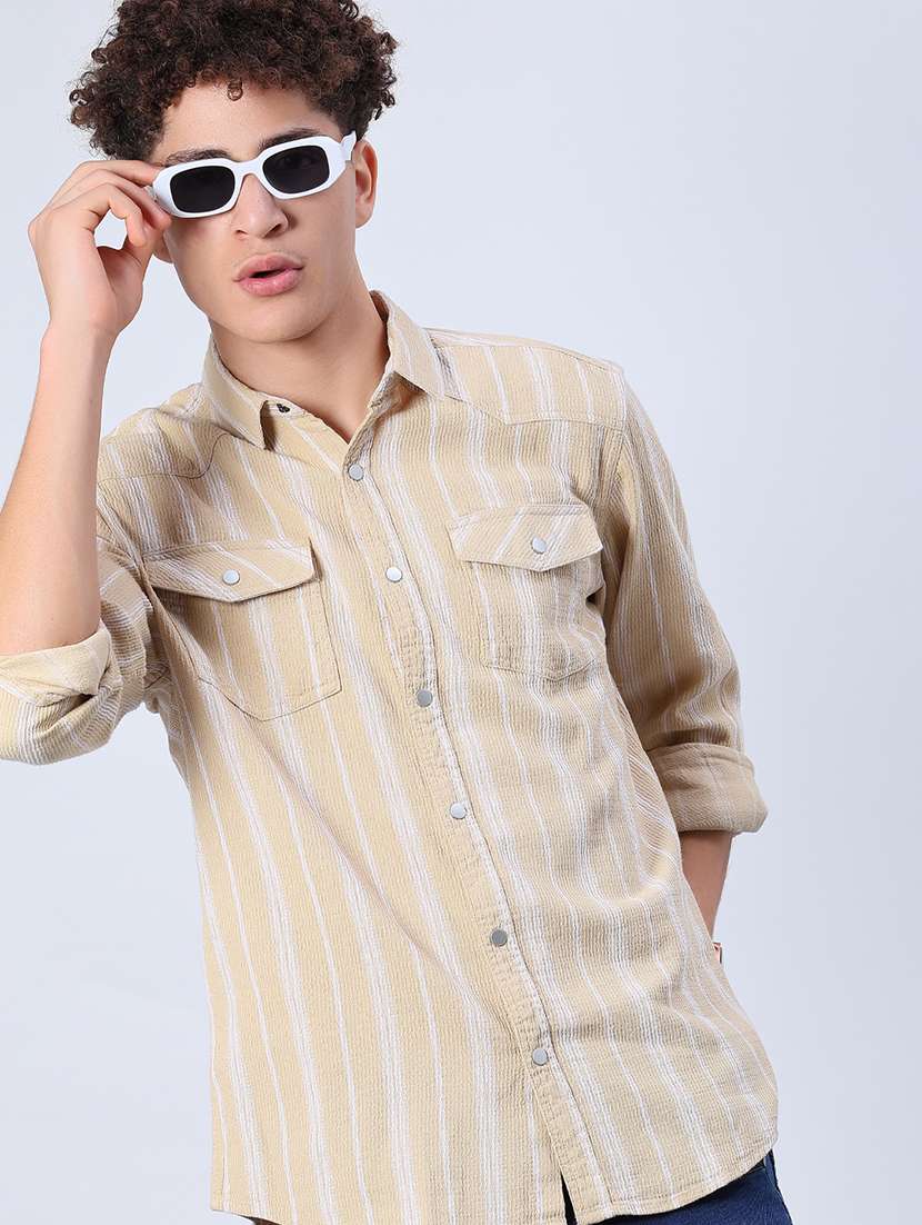 men striped collared long sleeve shirt