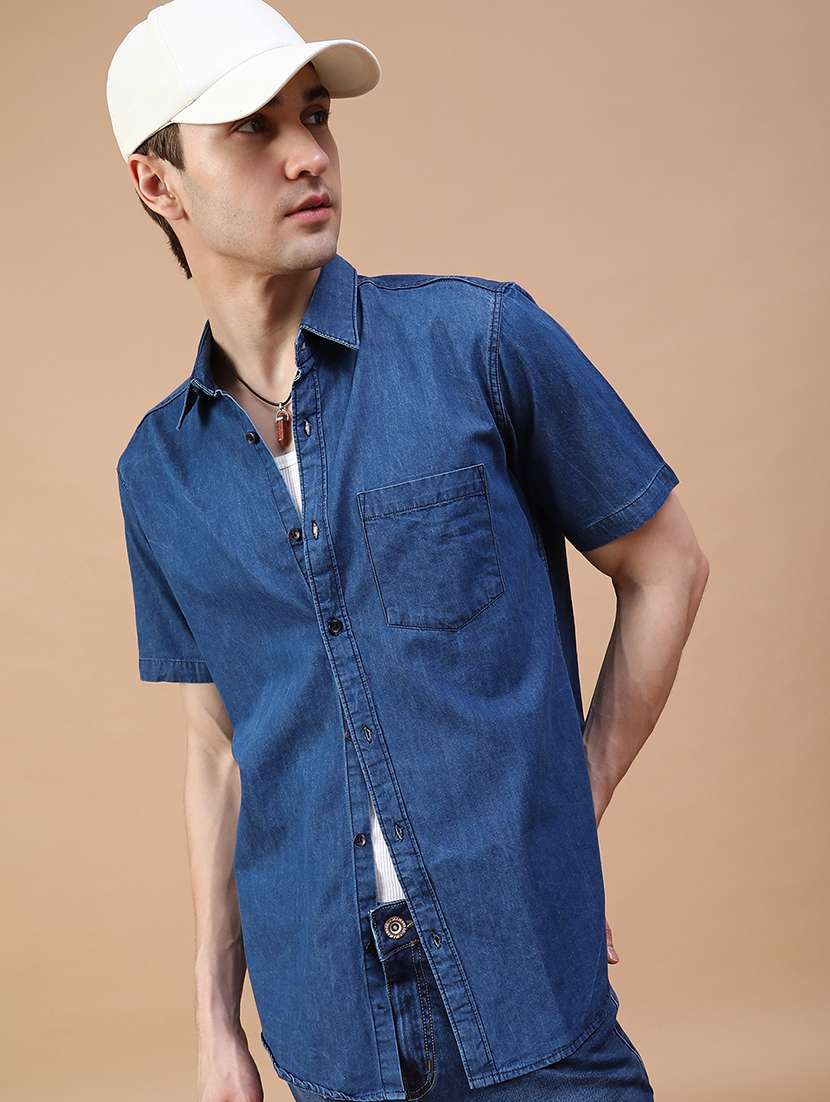 men solid short sleeve collared denim shirt - 21952398 -  Standard Image - 1