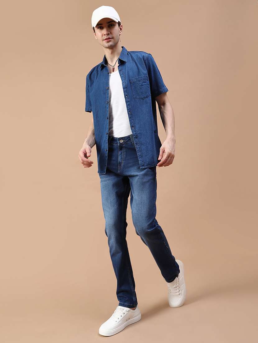 men solid short sleeve collared denim shirt - 21952398 -  Standard Image - 4