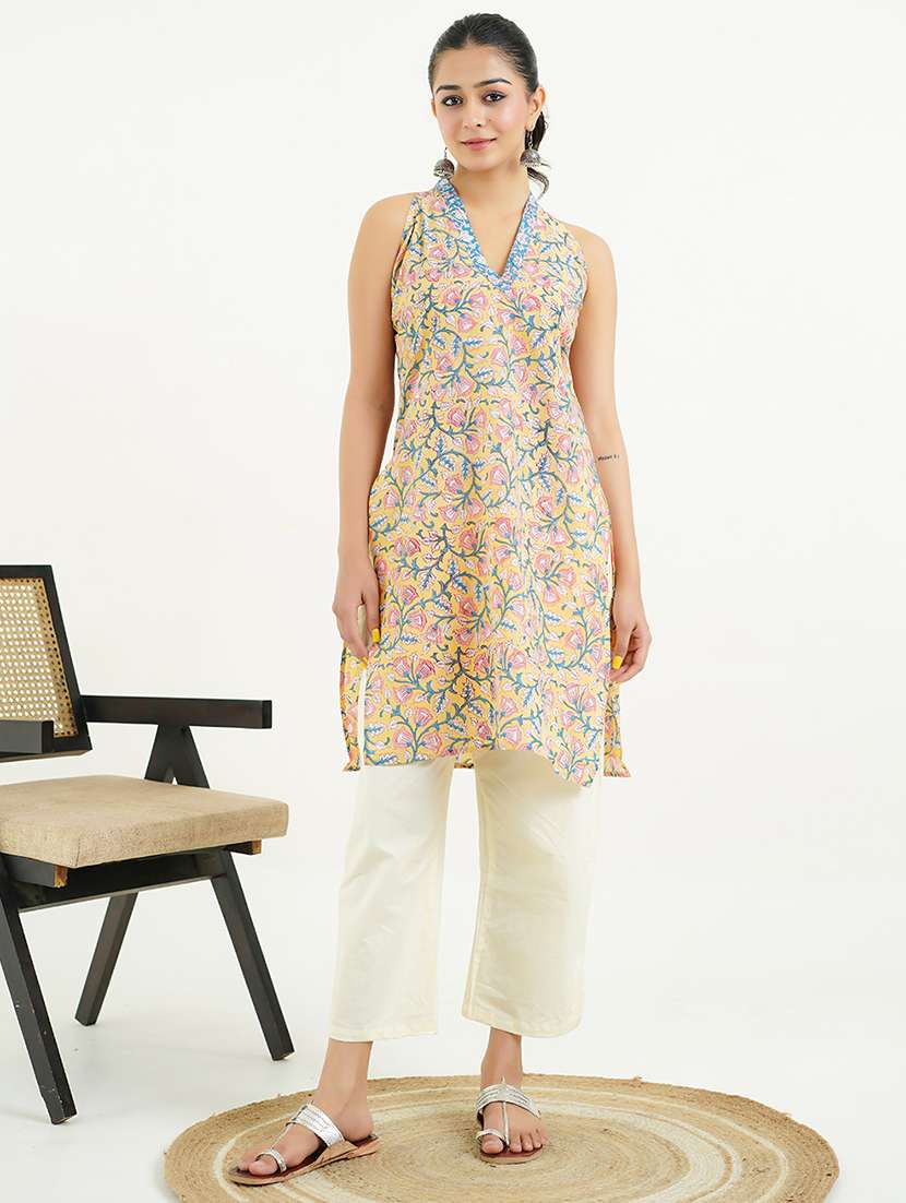 women floral printed halter neck a-line kurta