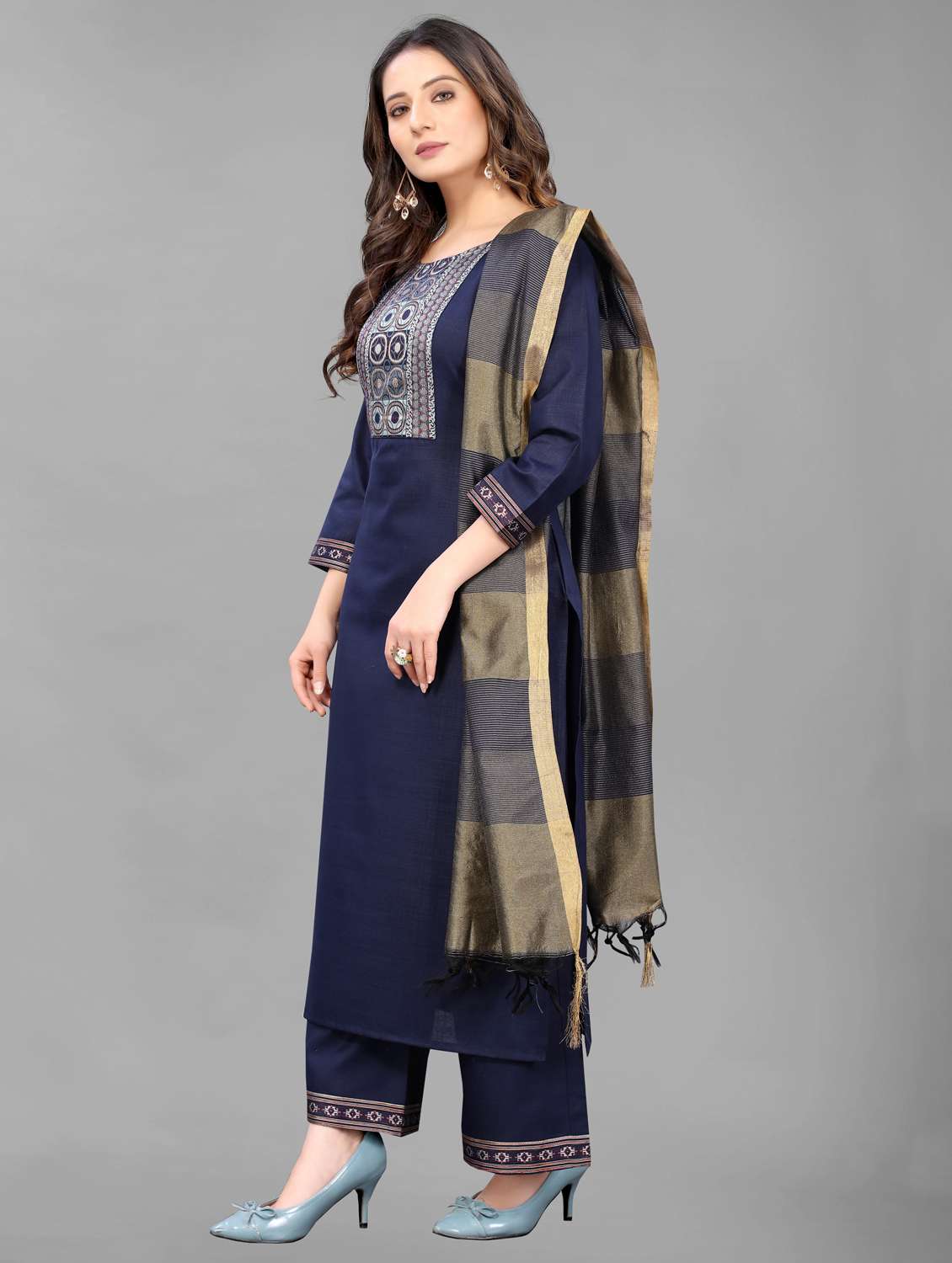 women three quarter sleeve kurta palazzo with dupatta set - 21954051 -  Standard Image - 1