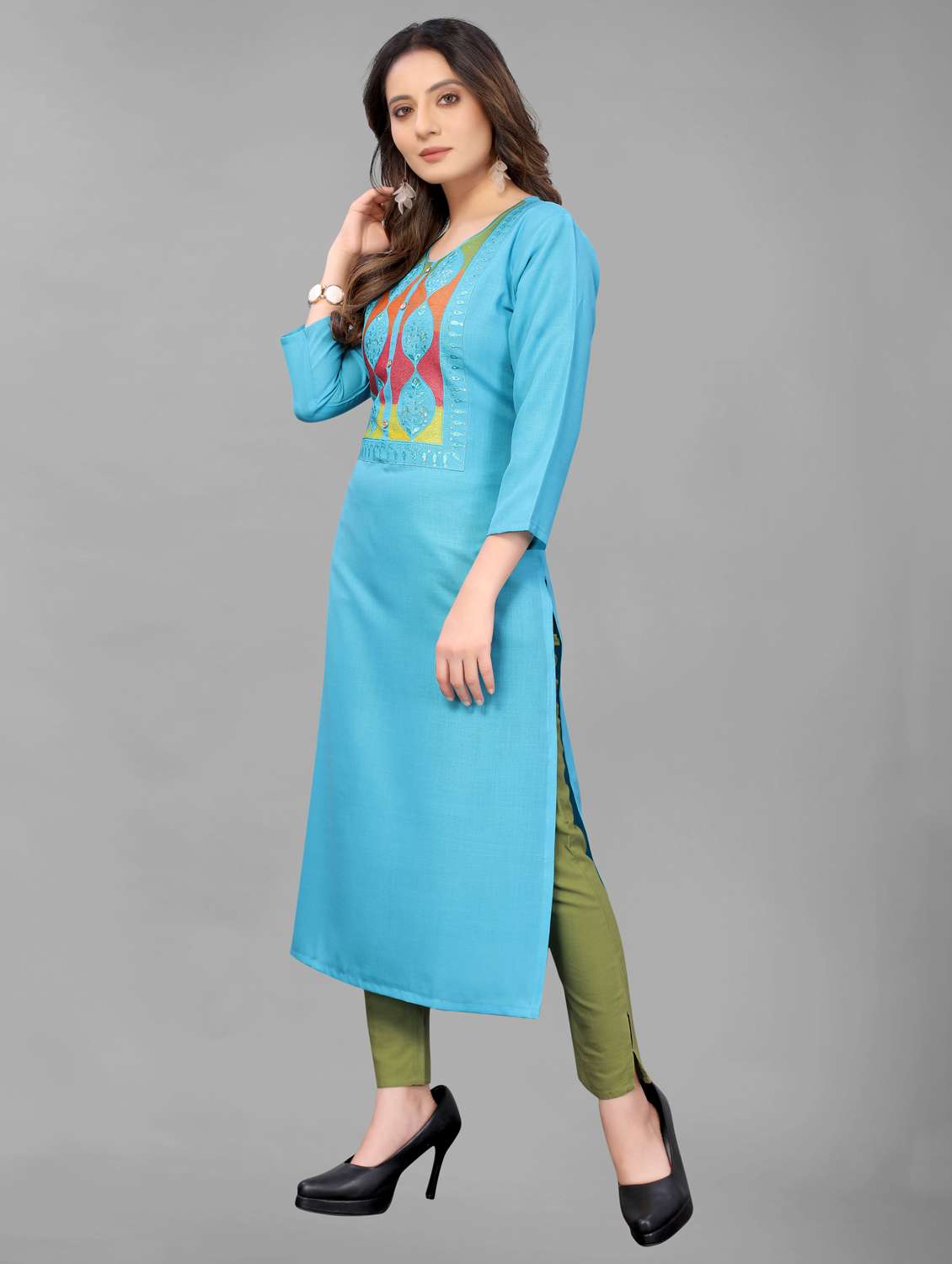 women three quarter sleeve kurta pant set - 21954052 -  Standard Image - 1