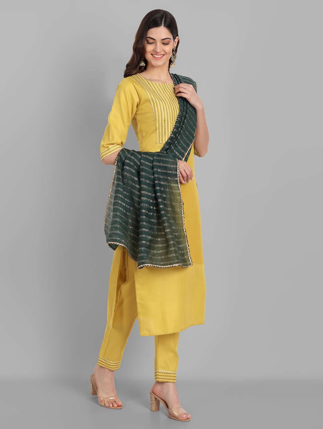 women three quarter sleeve kurta pant with dupatta set - 21954129 -  Standard Image - 1