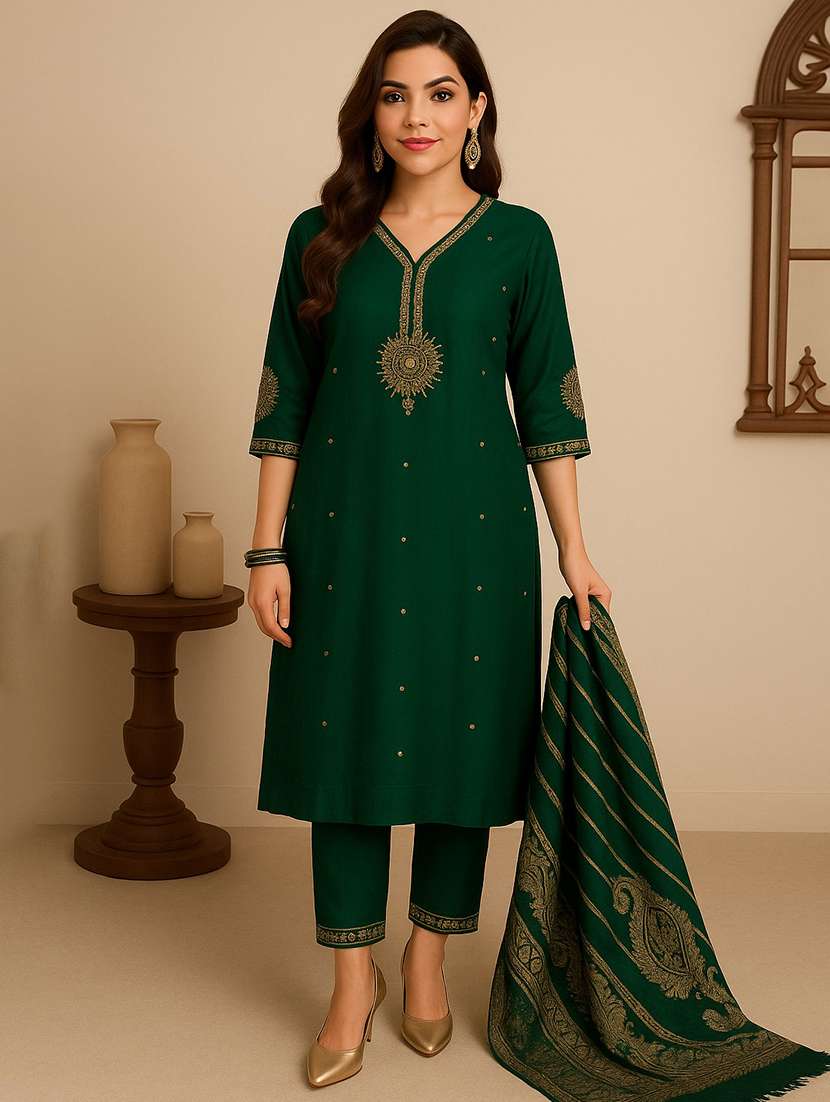 women three quarter sleeve kurta pant with dupatta set
