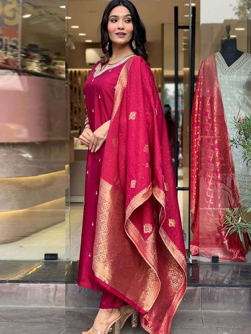 women three quarter sleeve kurta pant with dupatta set - 21954164 - Standard Image - 1
