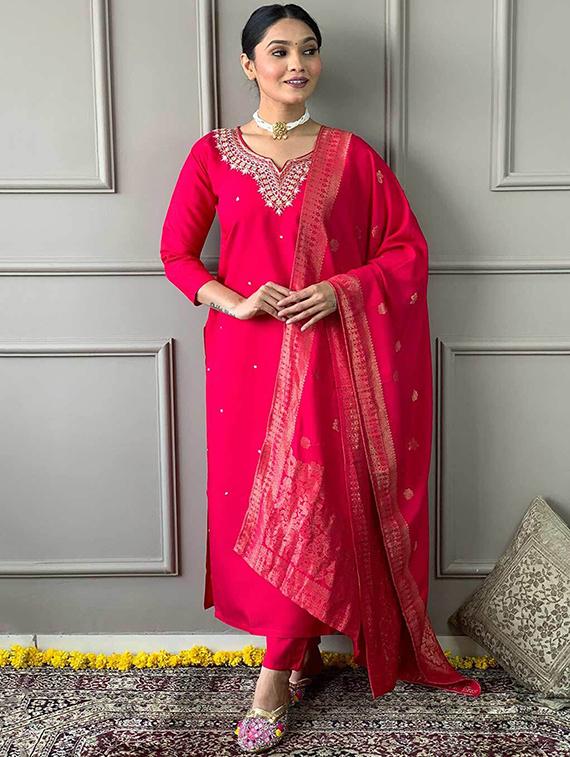 women three quarter sleeve kurta pant with dupatta set - 21954186 - Standard Image - 1