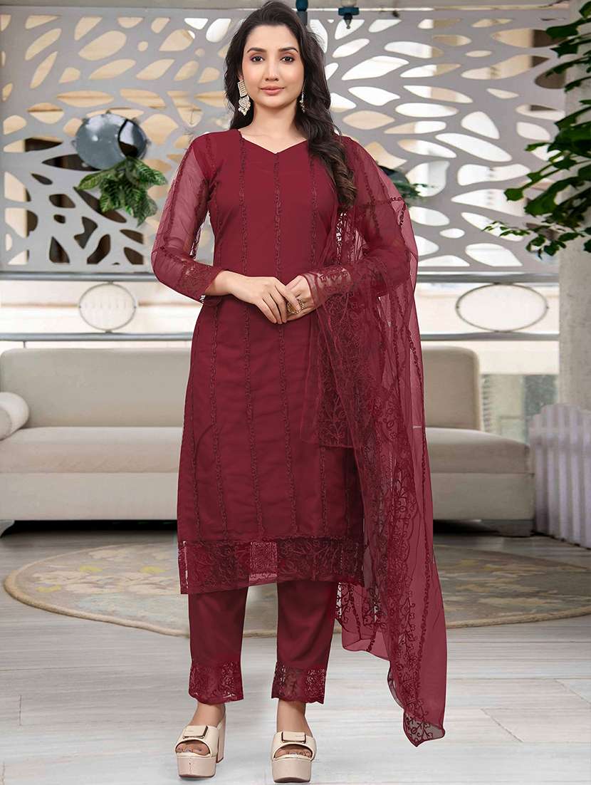 women embroidered long sleeve kurta pant with dupatta set