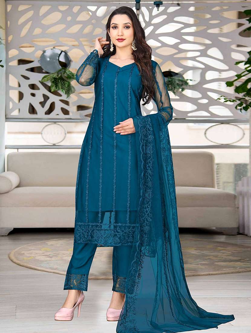 women embroidered long sleeve kurta pant with dupatta set