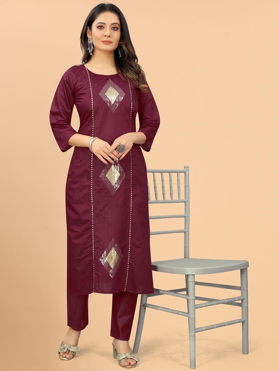 women three quarter sleeve kurta pant set - 21954210 -  Standard Image - 1