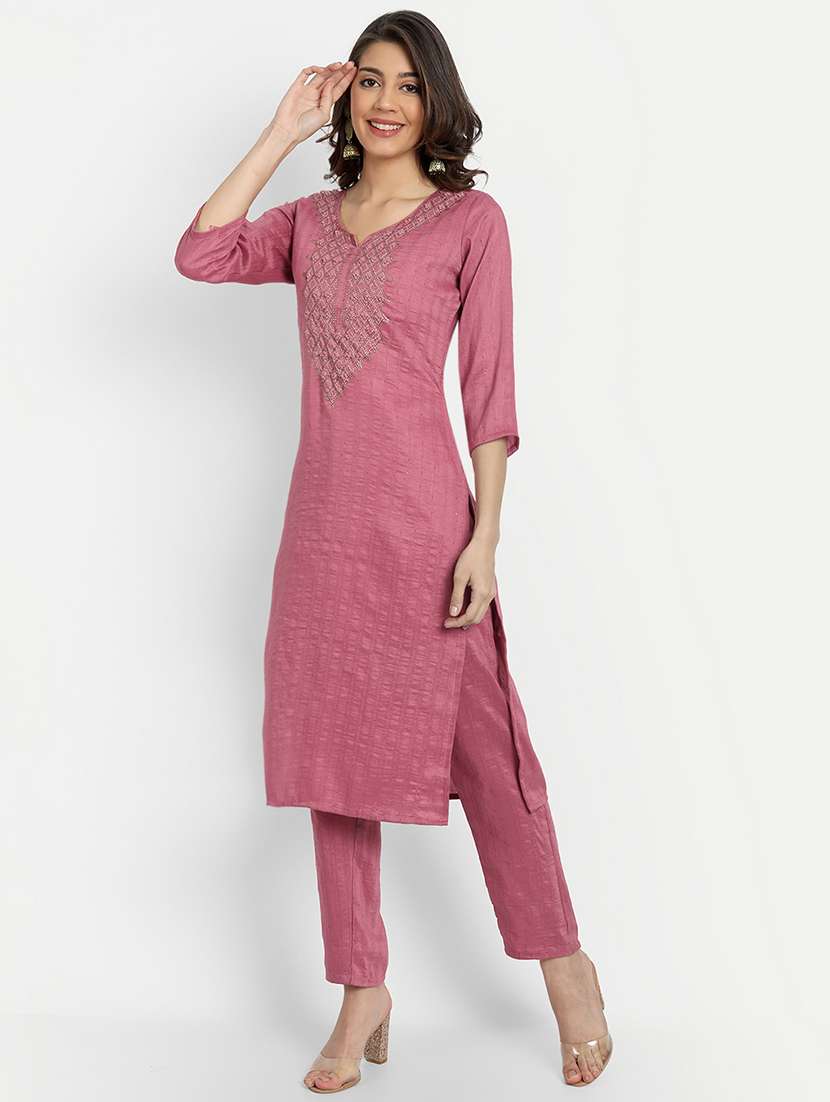 women three quarter sleeve kurta pant set - 21954216 -  Standard Image - 1