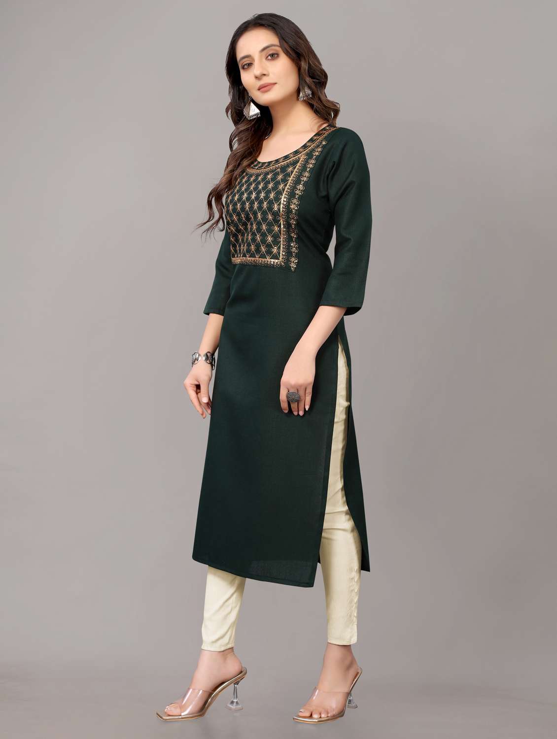 women solid with work three quarter sleeve straight kurta  - 21954335 -  Standard Image - 1