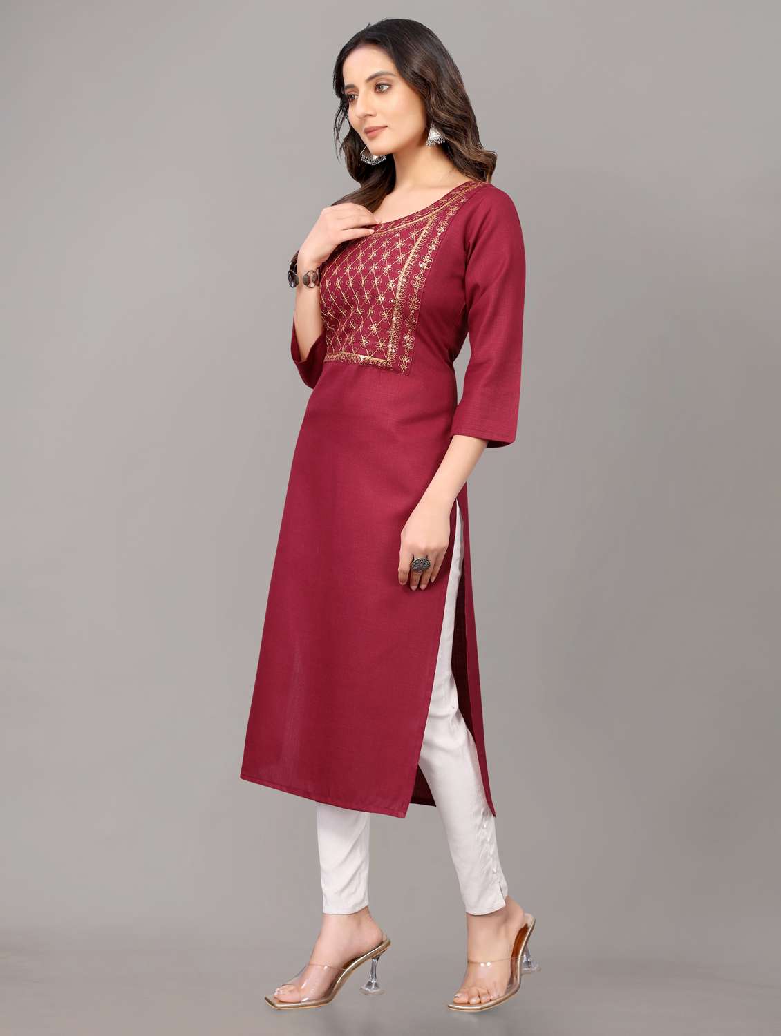 women solid with work three quarter sleeve straight kurta  - 21954336 -  Standard Image - 1