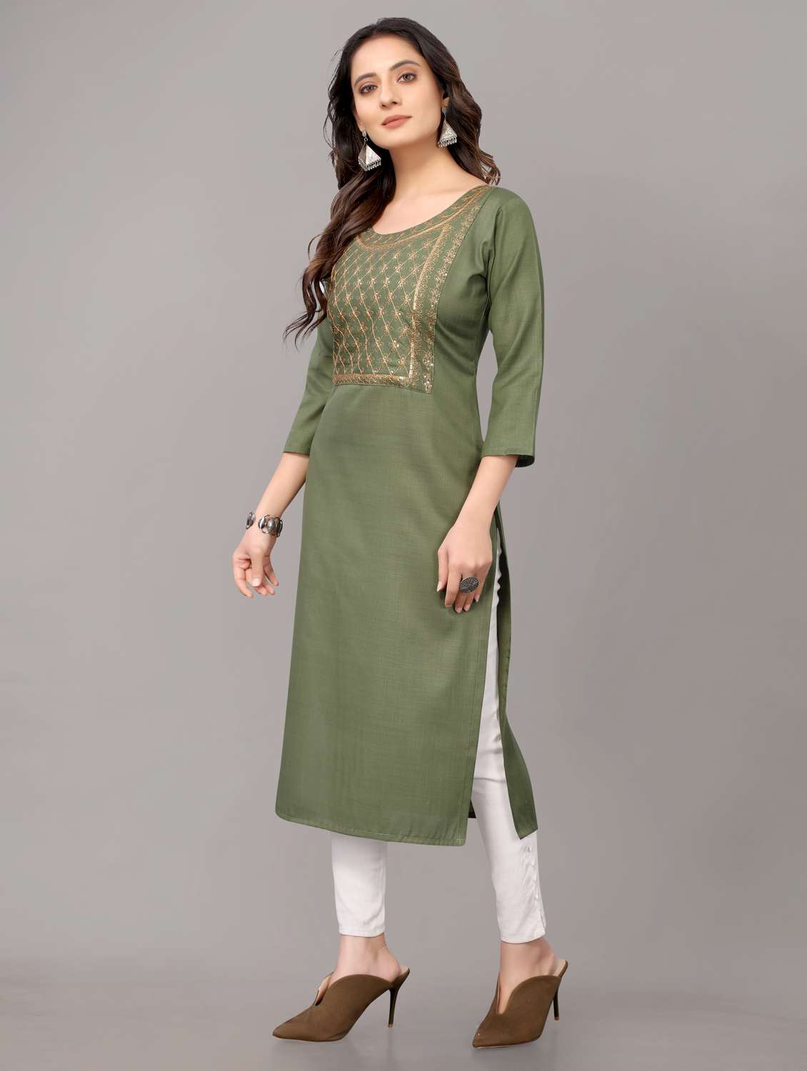 women solid with work three quarter sleeve straight kurta  - 21954338 -  Standard Image - 1