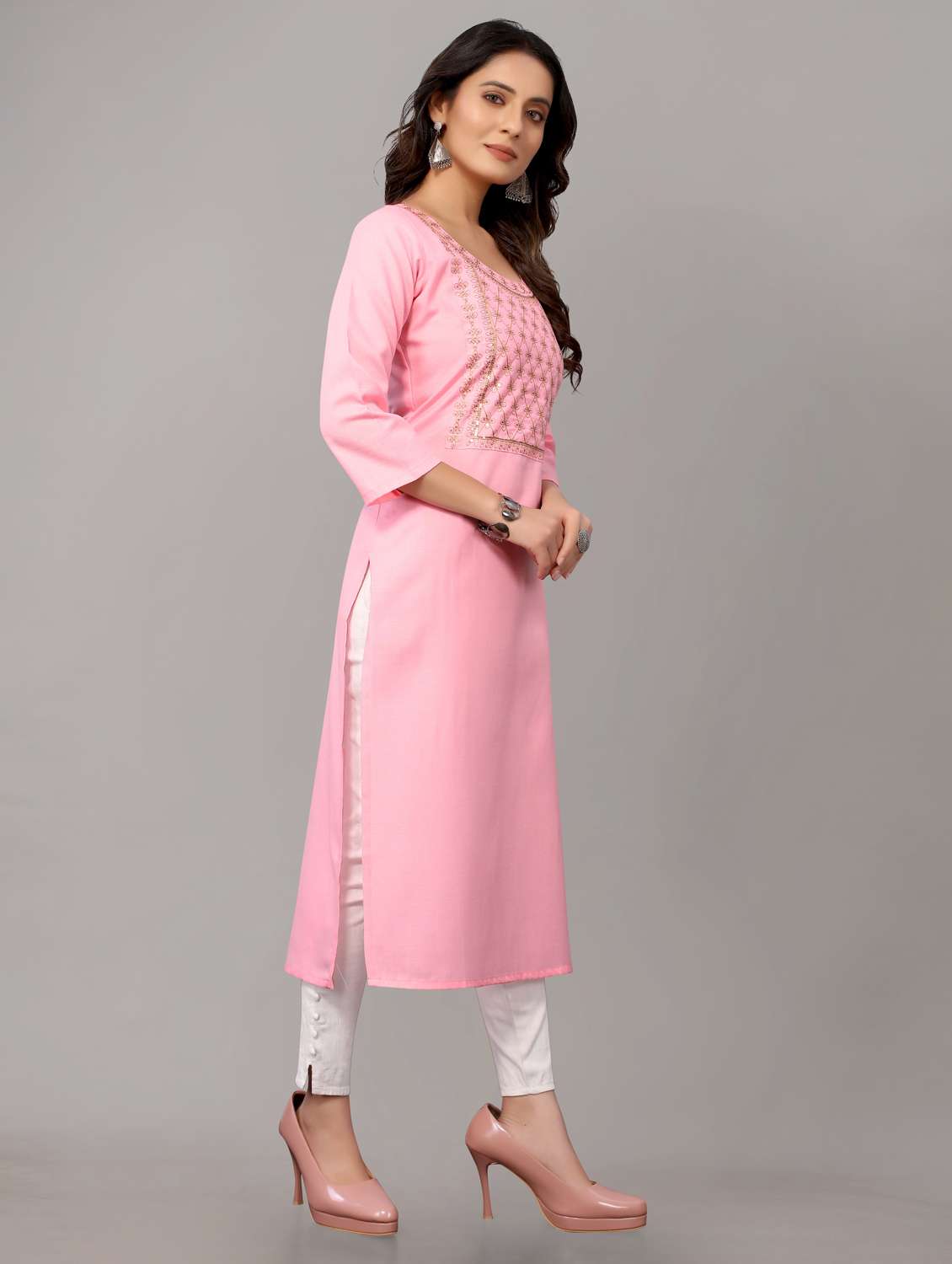women solid with work three quarter sleeve straight kurta  - 21954339 -  Standard Image - 1