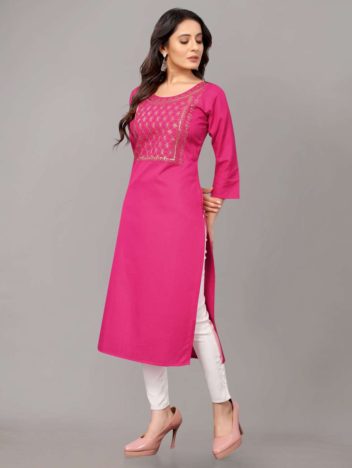 women solid with work three quarter sleeve straight kurta  - 21954340 -  Standard Image - 1