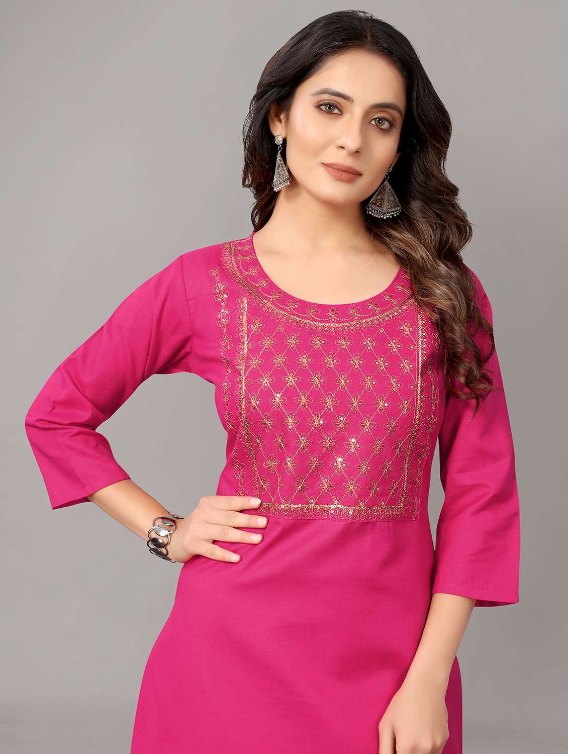 women solid with work three quarter sleeve straight kurta - 21954340 - Standard Image - 4