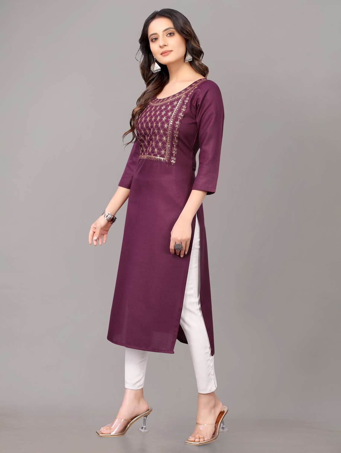 women solid with work three quarter sleeve straight kurta  - 21954341 -  Standard Image - 1