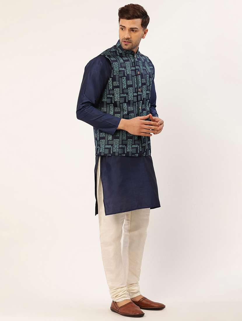 men mandarin neck kurta pyjama with jacket ethnic wear set - 21954426 -  Standard Image - 1