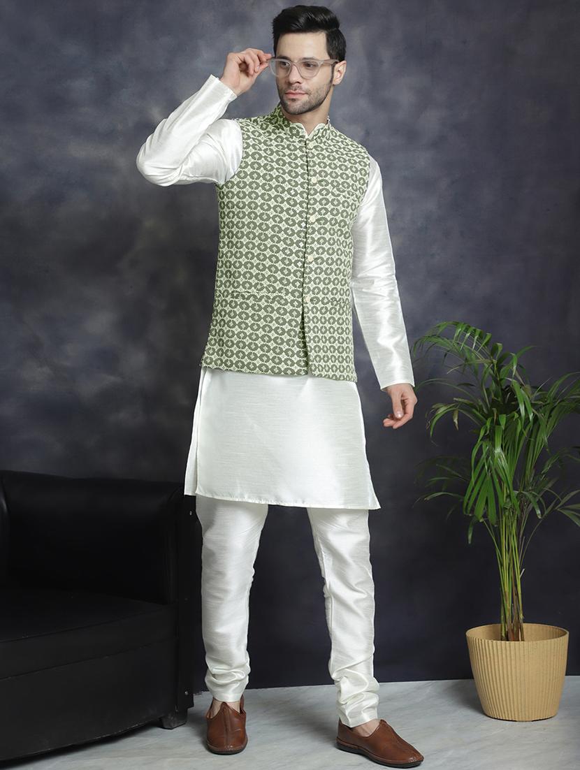 men mandarin neck kurta pyjama with jacket ethnic wear set - 21954428 - Standard Image - 1