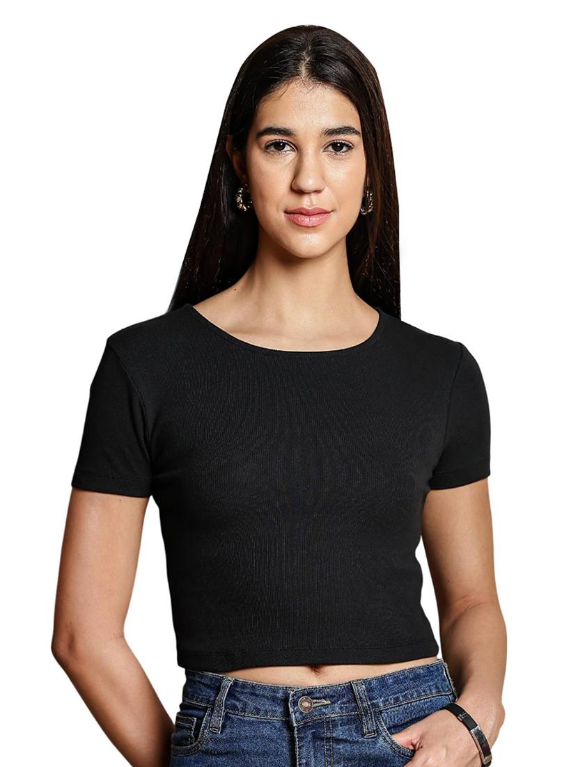 women solid round neck crop top - 21954436 - Standard Image - 4