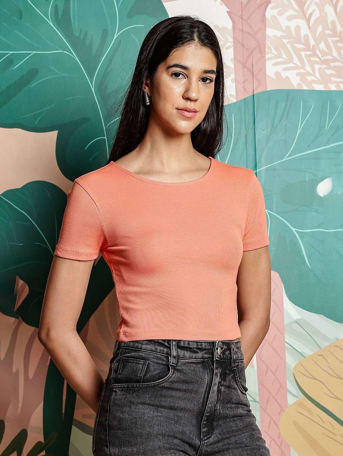 women solid round neck crop top - 21954440 -  Standard Image - 1