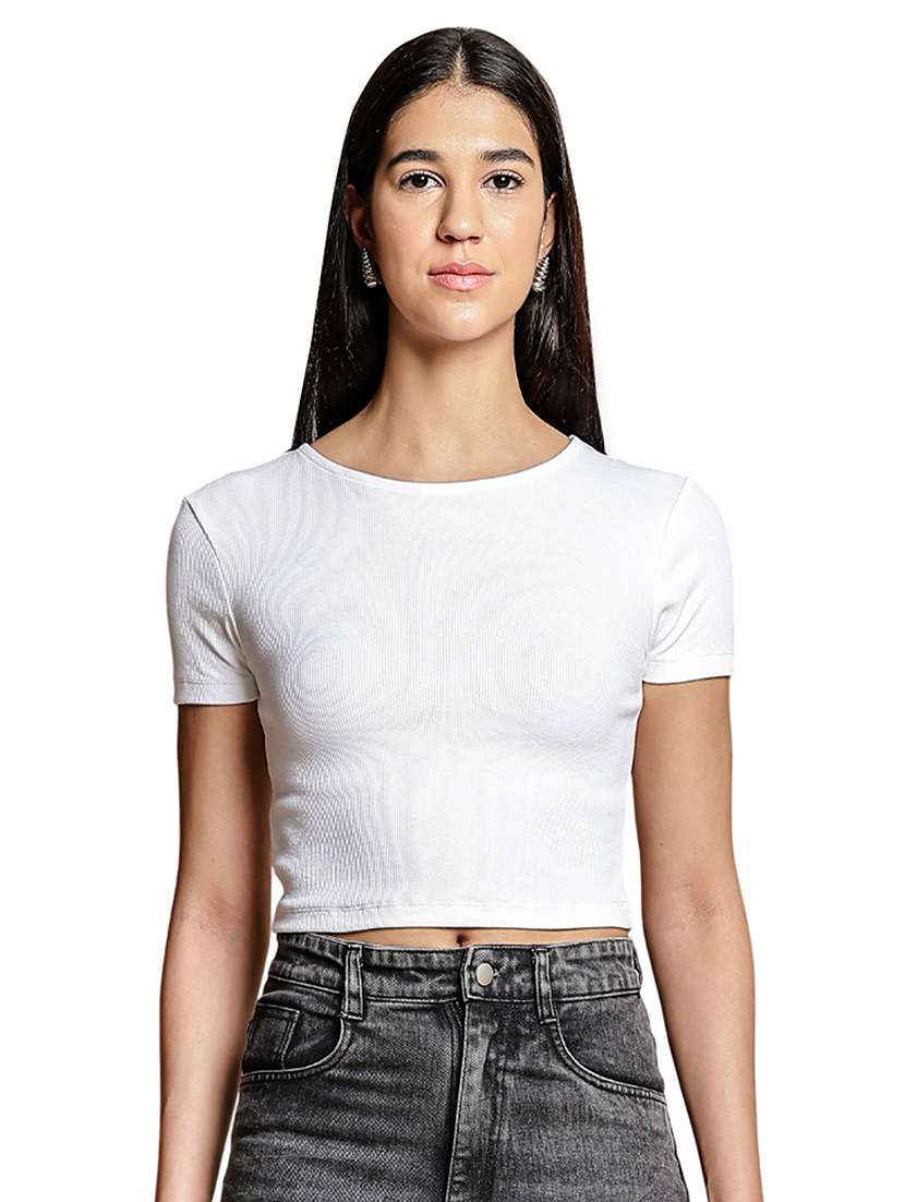 women solid round neck crop top - 21954441 -  Standard Image - 4