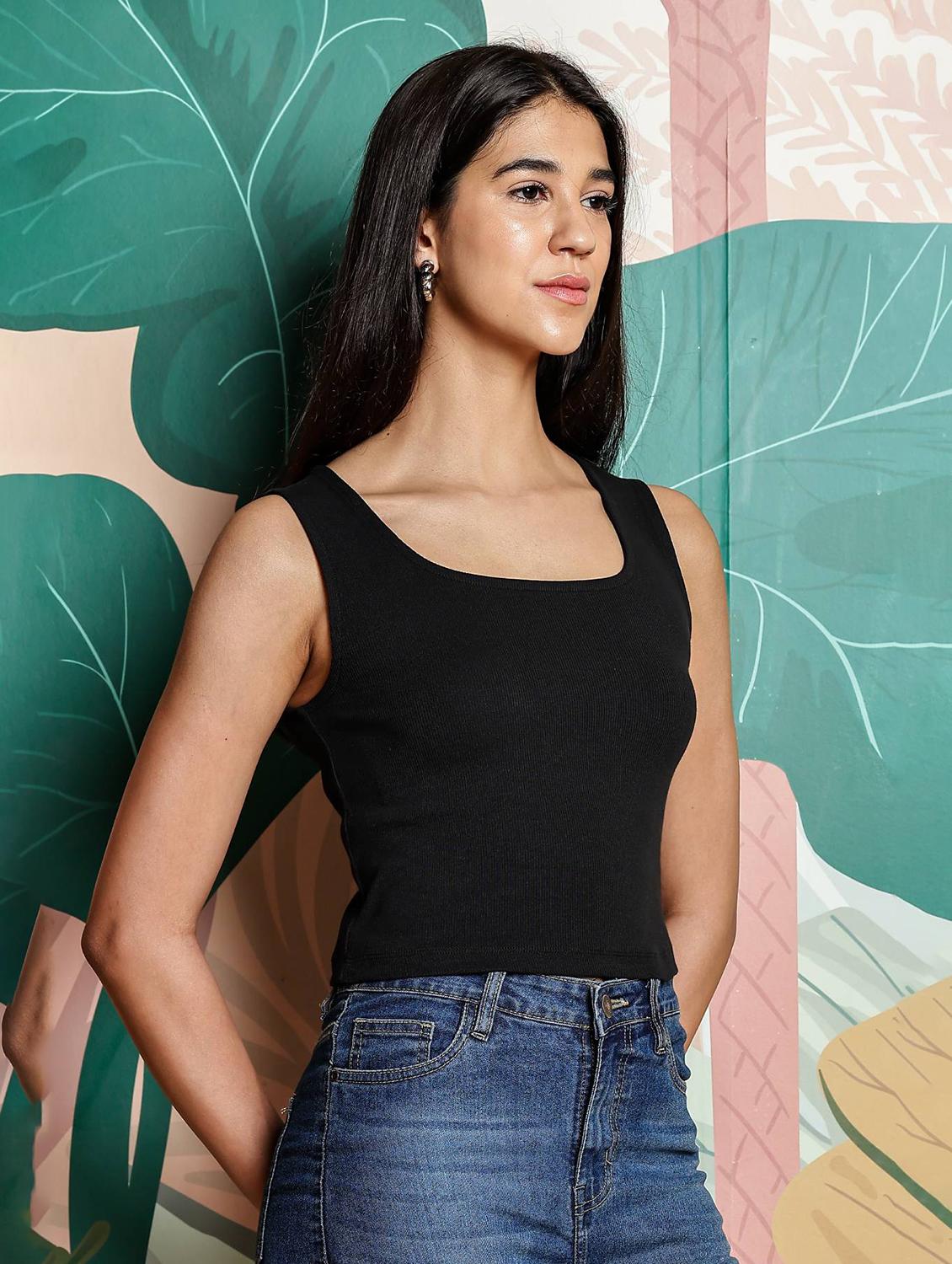 women solid sleeveless crop top - 21954442 - Standard Image - 1