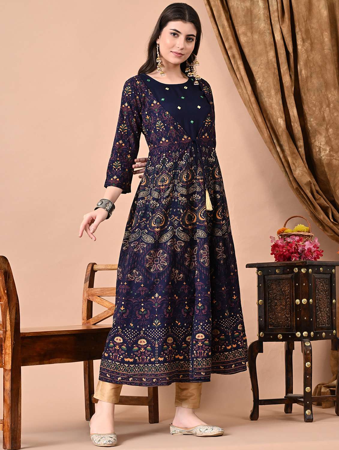 women three quarter sleeve a-line ethnic dress - 21954449 - Standard Image - 1