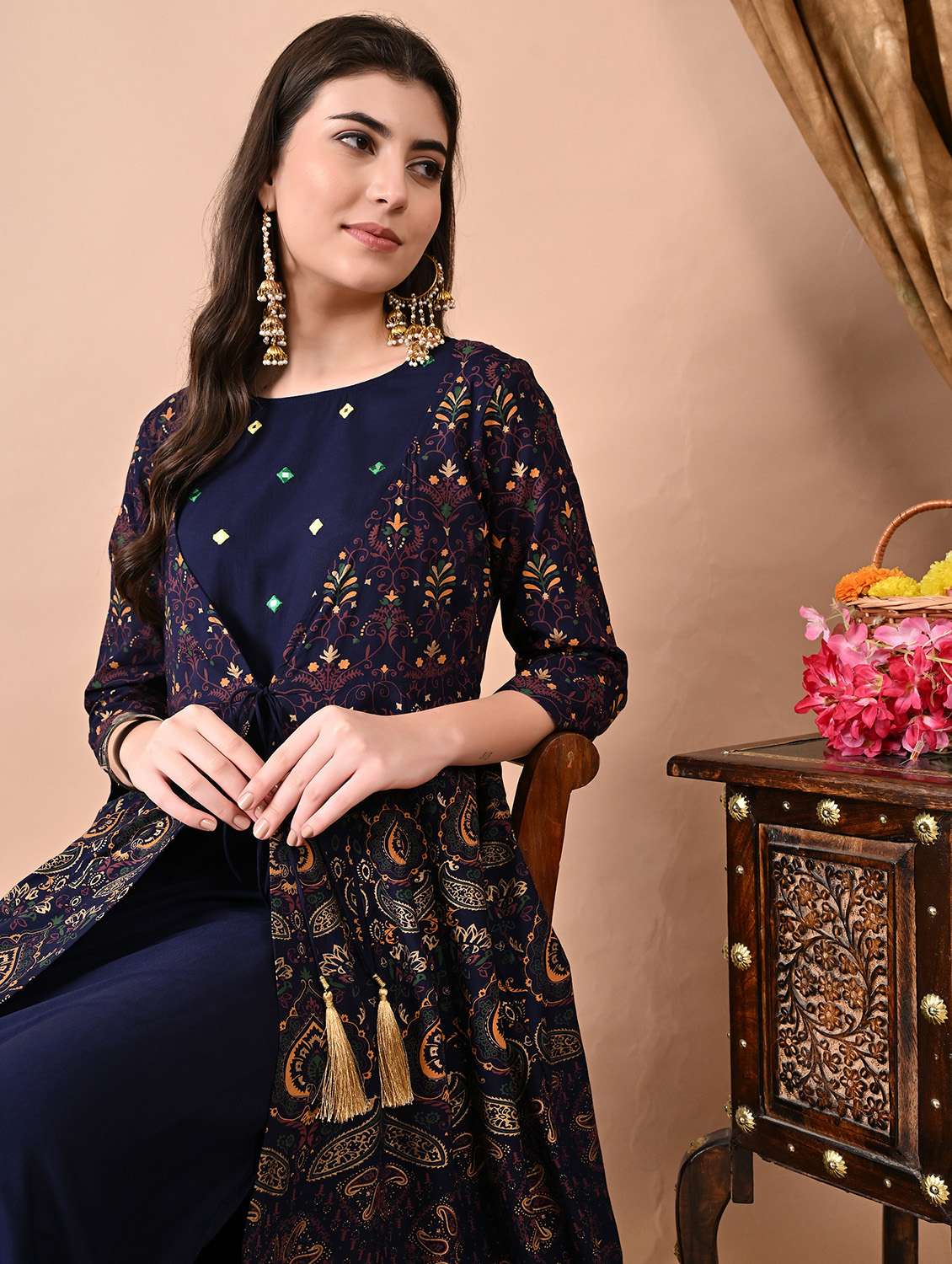 women three quarter sleeve a-line ethnic dress - 21954449 - Standard Image - 4