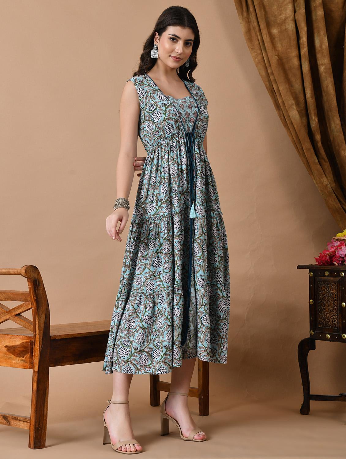 women light blue printed sleeveless tiered ethnic dress - 21954450 - Standard Image - 1
